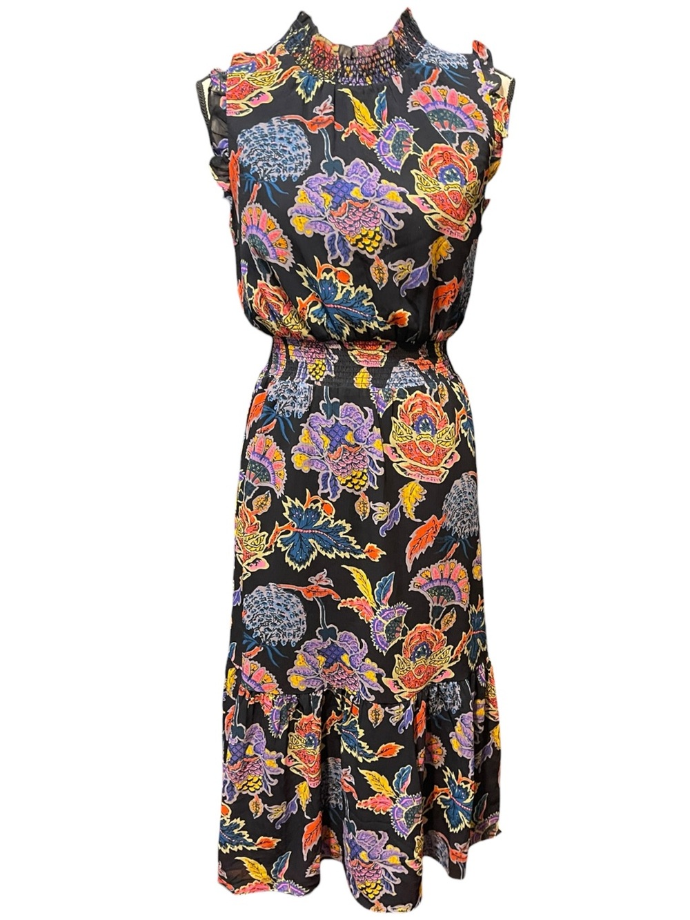 J. Crew Smocked Waist Bold Floral Print High Neck Sleeveless Summer Dress XS - Picture 3 of 15